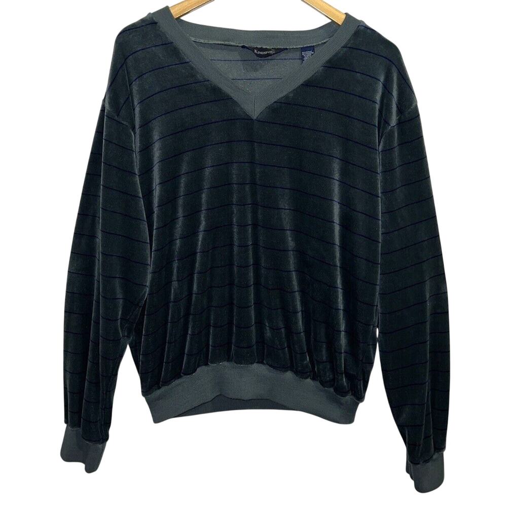 Vtg Kingsport Velour Striped Pullover Shirt Dark Green Blue Men’s XL